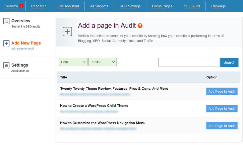 squirrly seo add pages to site audit