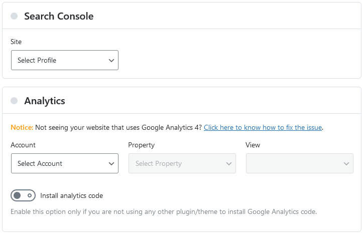pick search console and analytics profiles