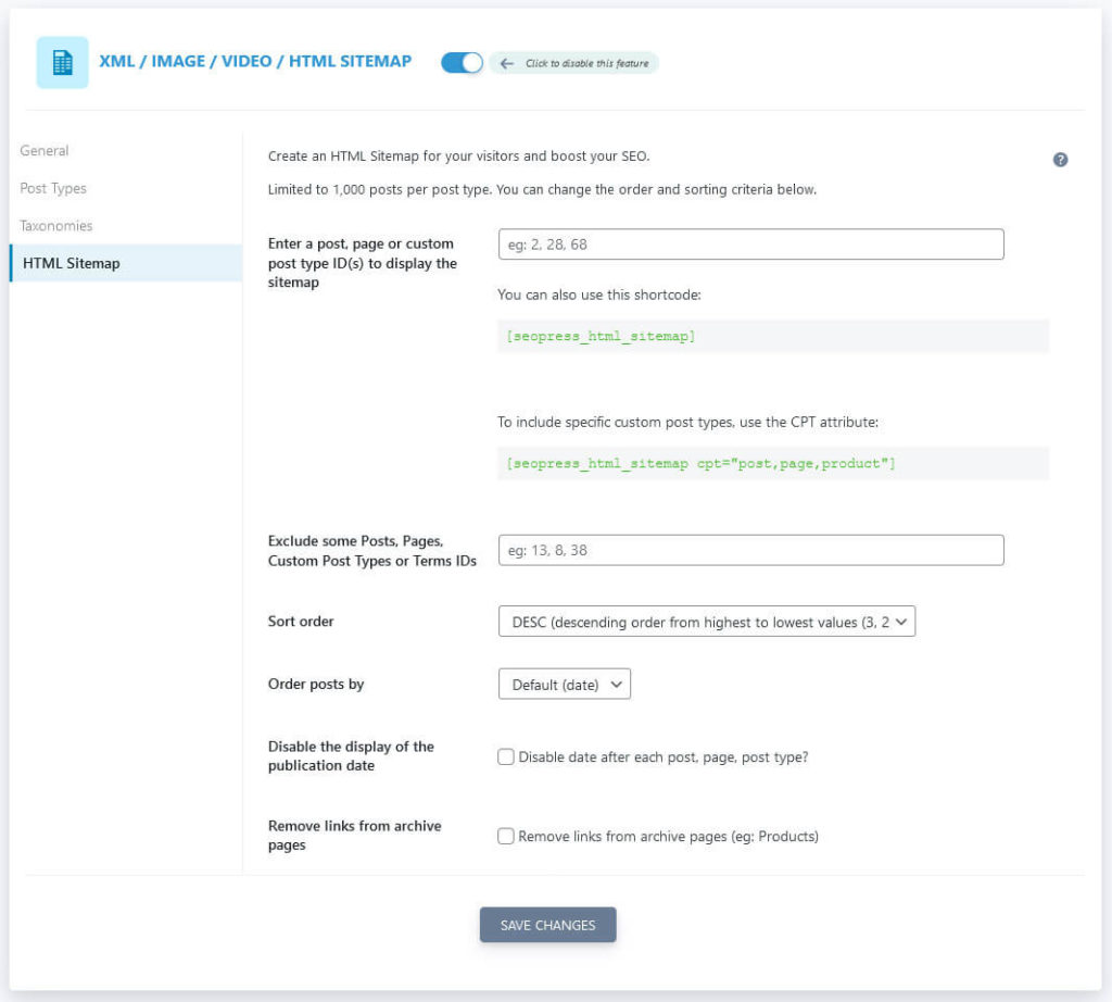 seopress html sitemap settings