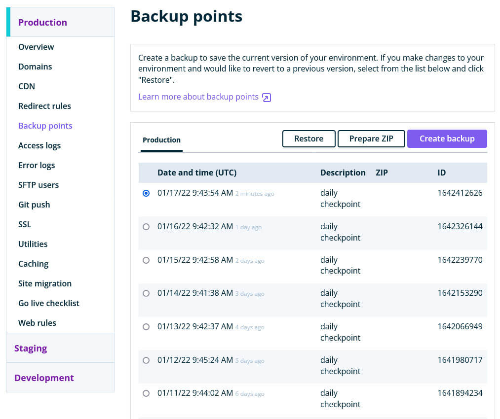 hosting provider backup points