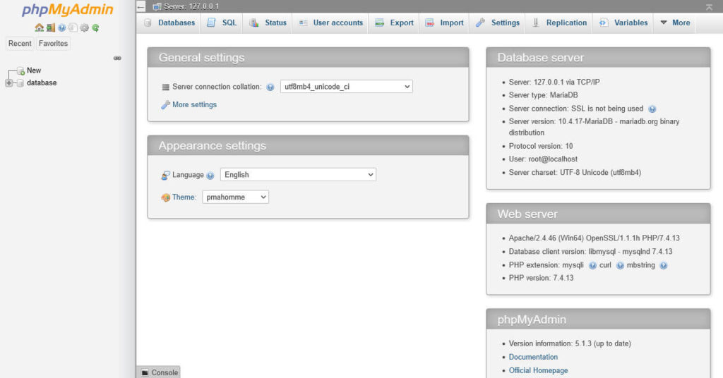 example of phpmyadmin interface