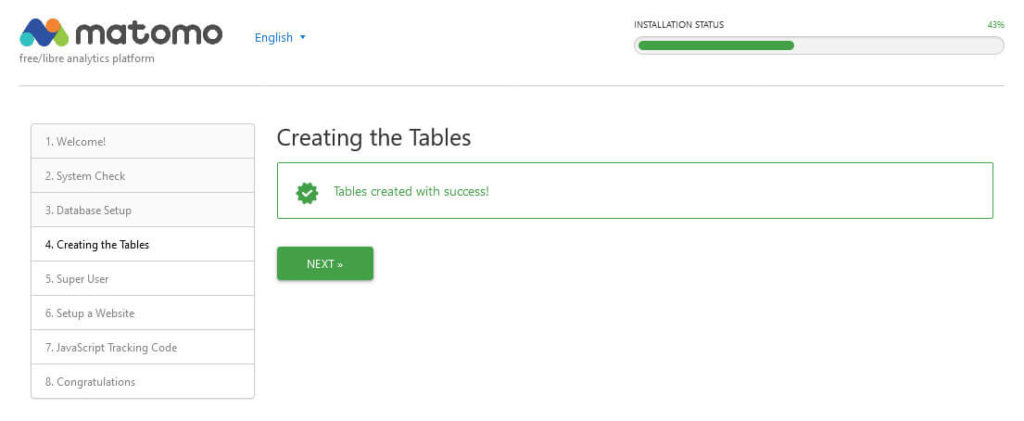 matomo installation table creation success message