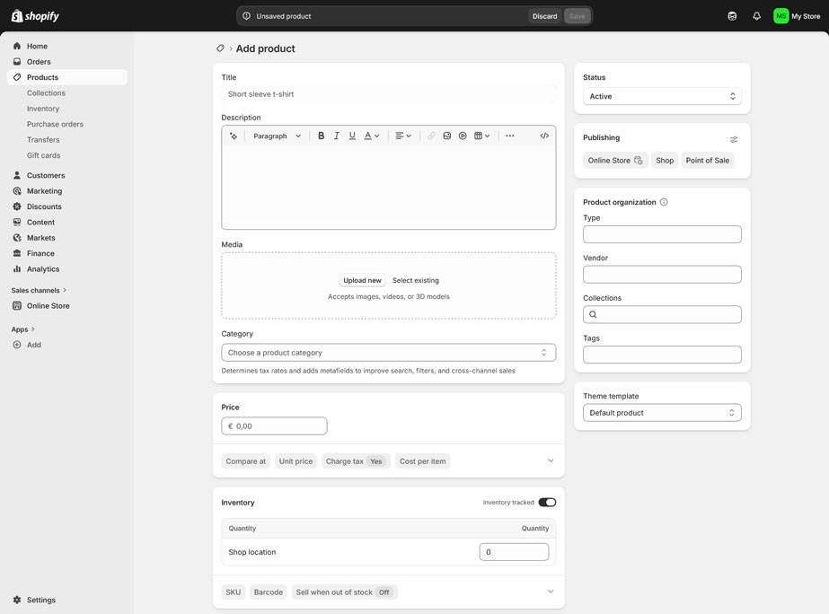 create an online shop product in shopify
